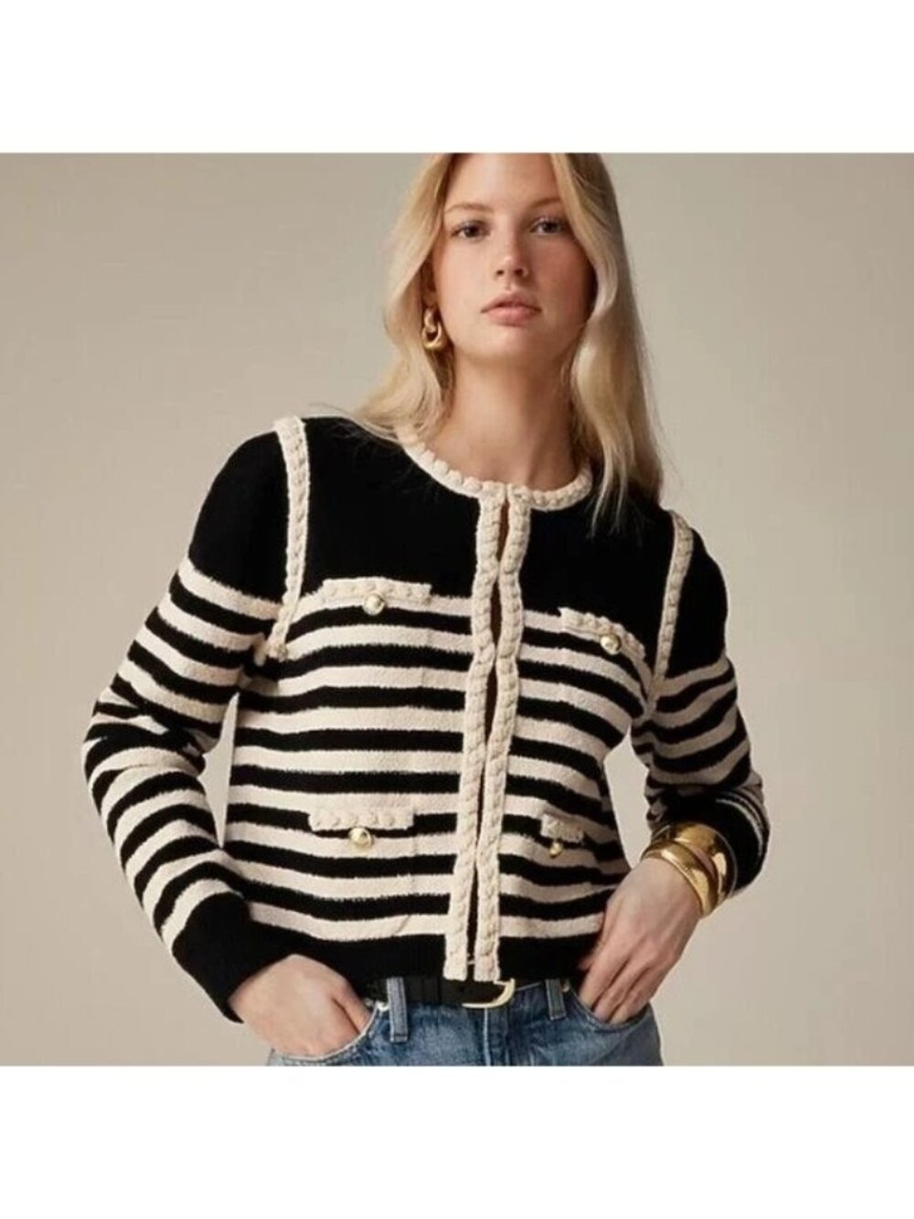 NWT J.Crew Odette Sweater Lady Jacket in Black Muslin Striped Boucle Cardigan S